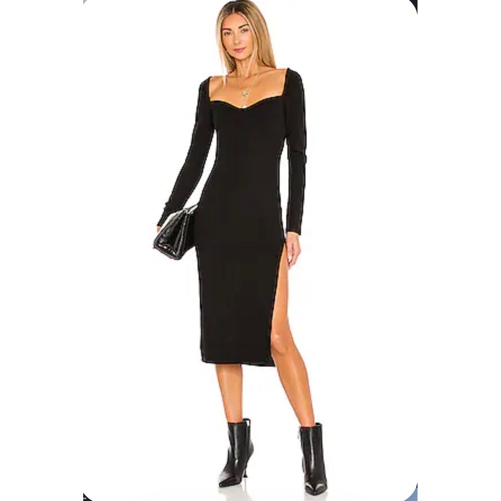 Lovers and Friends Femme Midi Sweater Dress Black Ribbed Sweetheart Neck Size S